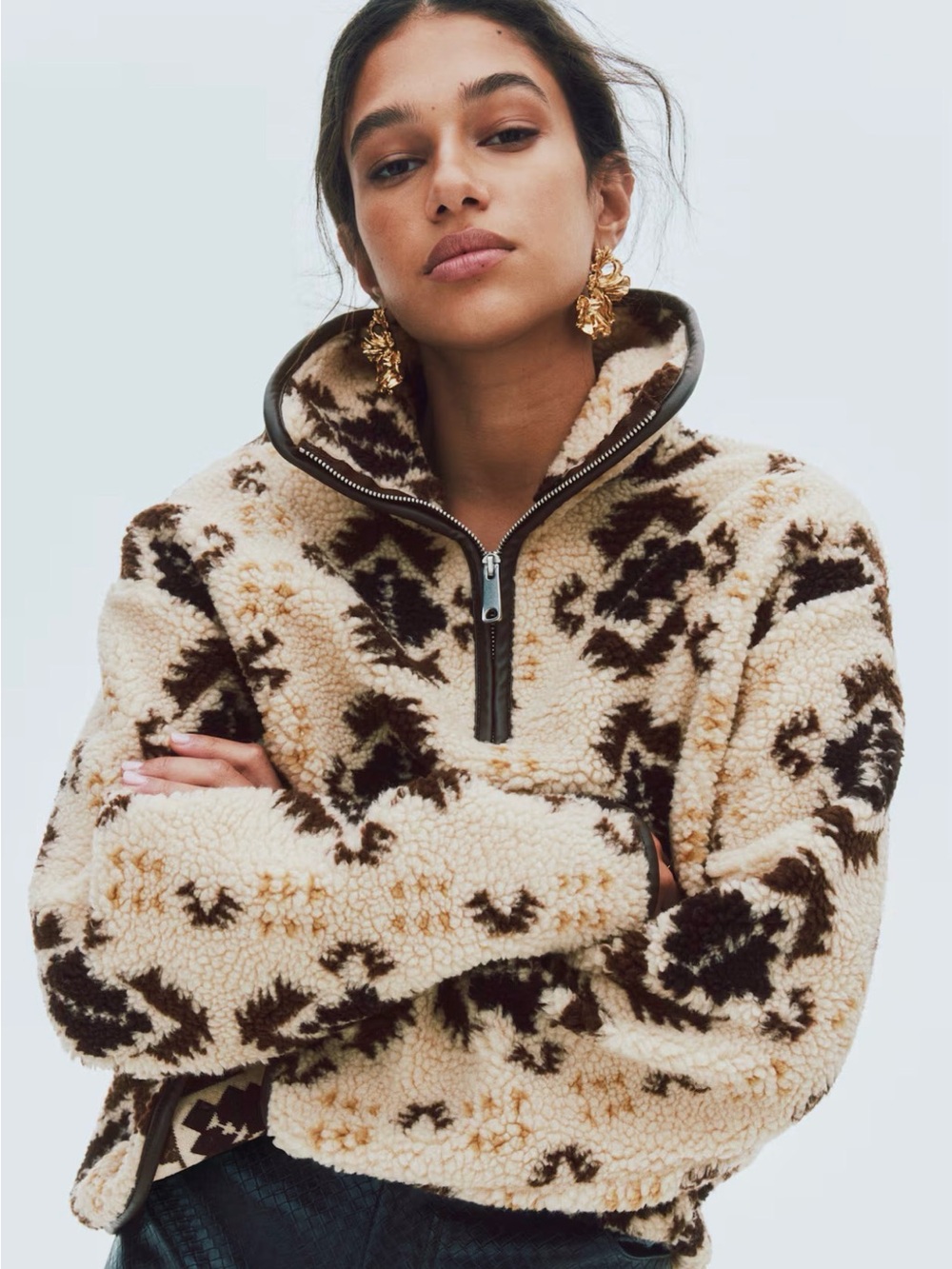 H&M Teddy Sherpa Half-Zip Pullover - Cream & Brown - Picture 3 of 9